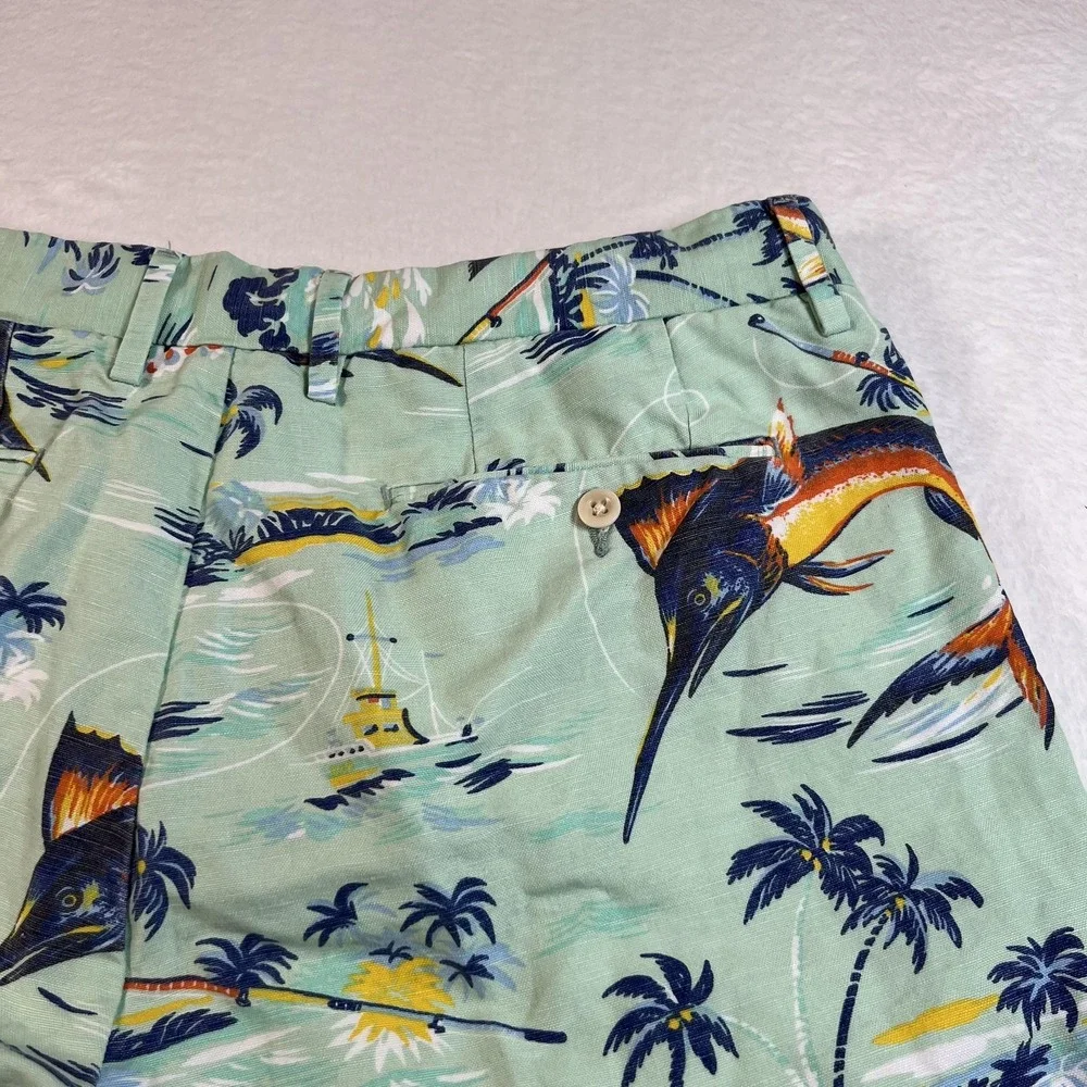 Polo Ralph Lauren‎ Shorts Mens 34 Green Linen Cotton Marlin Print 6 In Inseam